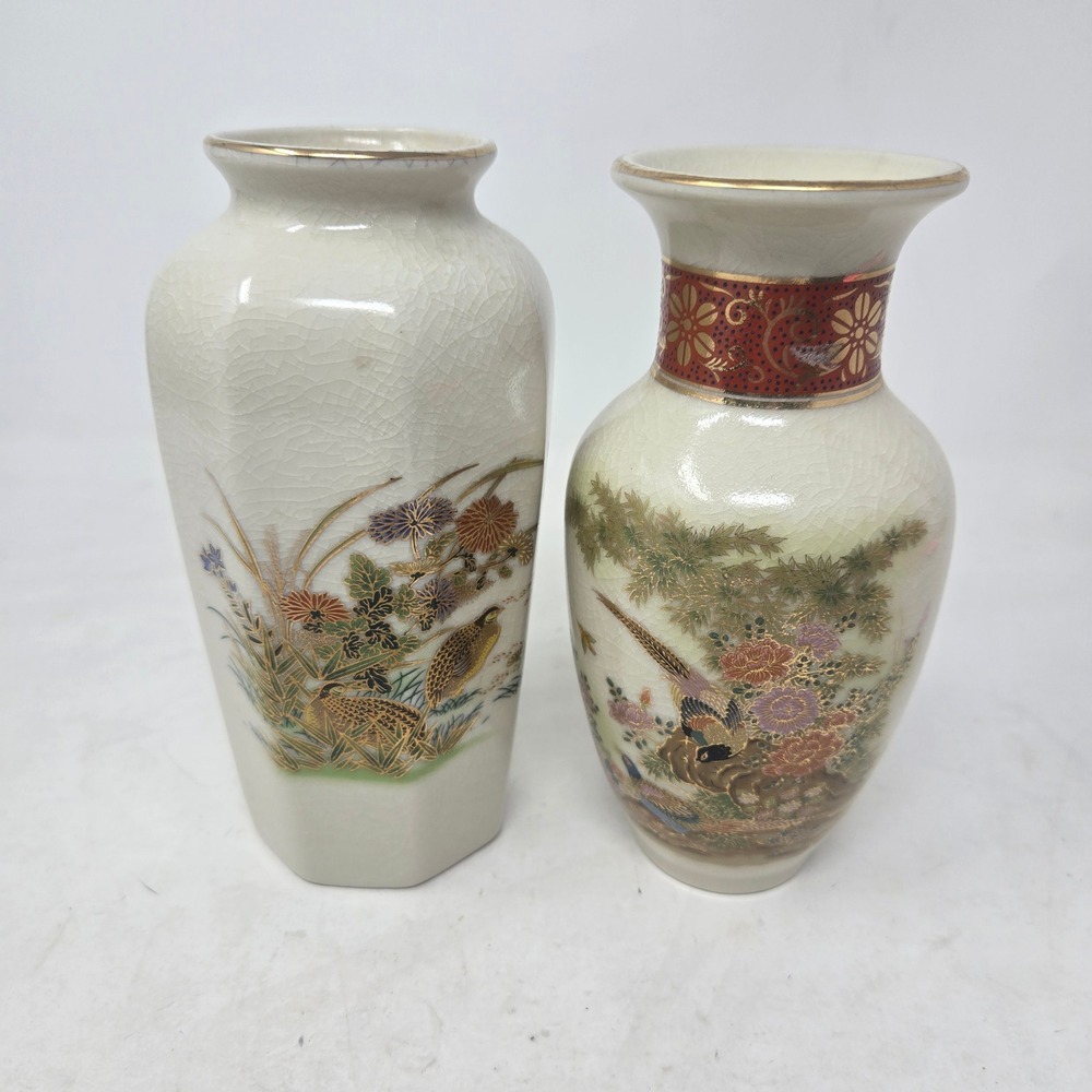 Vintage Japanese Satsuma Style Bud Vases Set of 2 Pheasant Bird Floral Gold Gilt